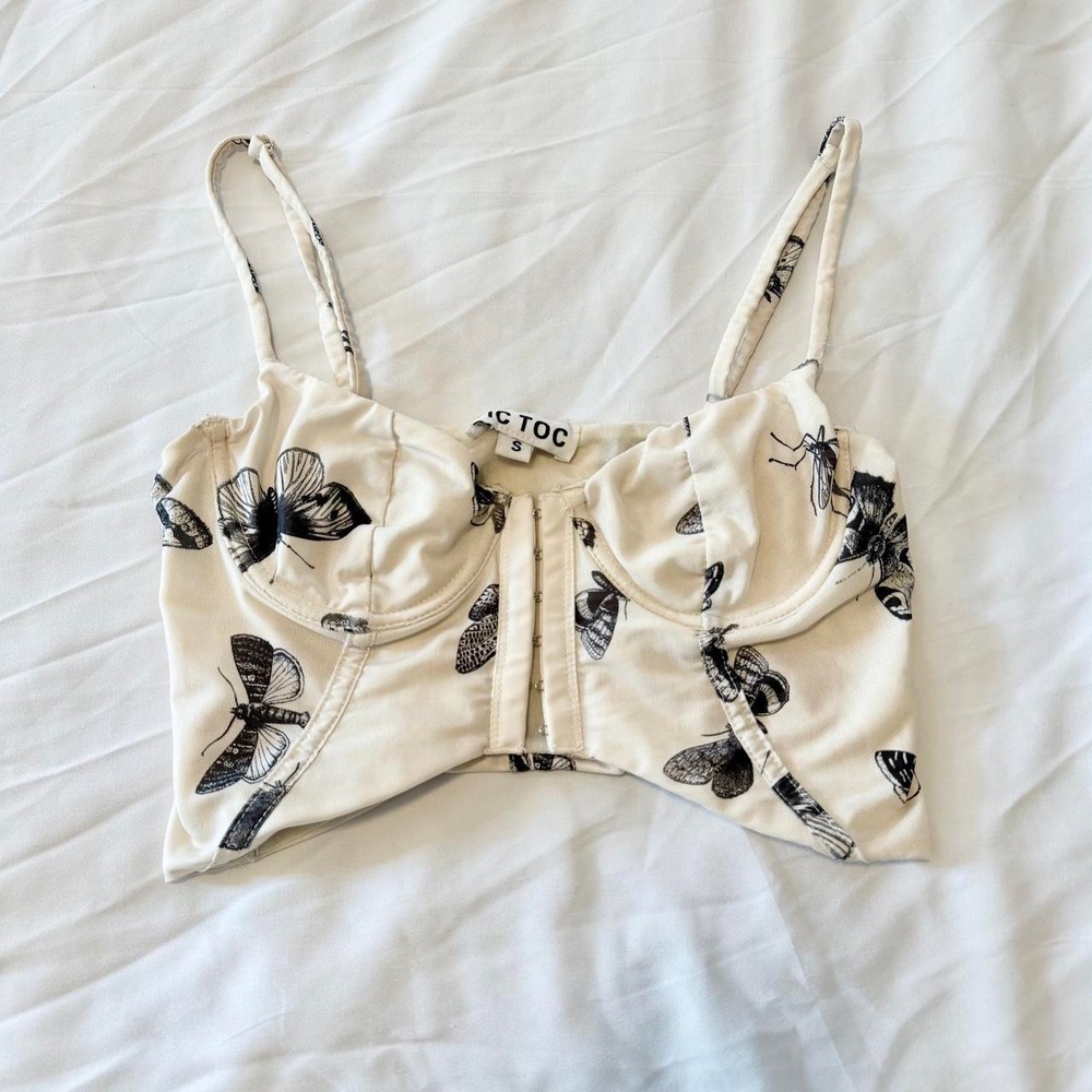 Tic Toc Butterfly Moth Mesh Corset Top Cream Black Y2K Bustier Small
